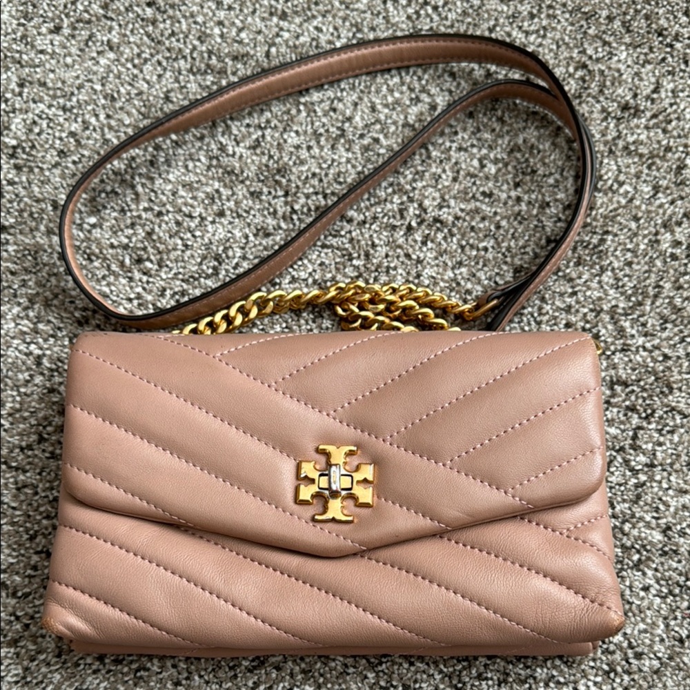 Tory Burch Quilted Crossbody Bag in Tan and Gold